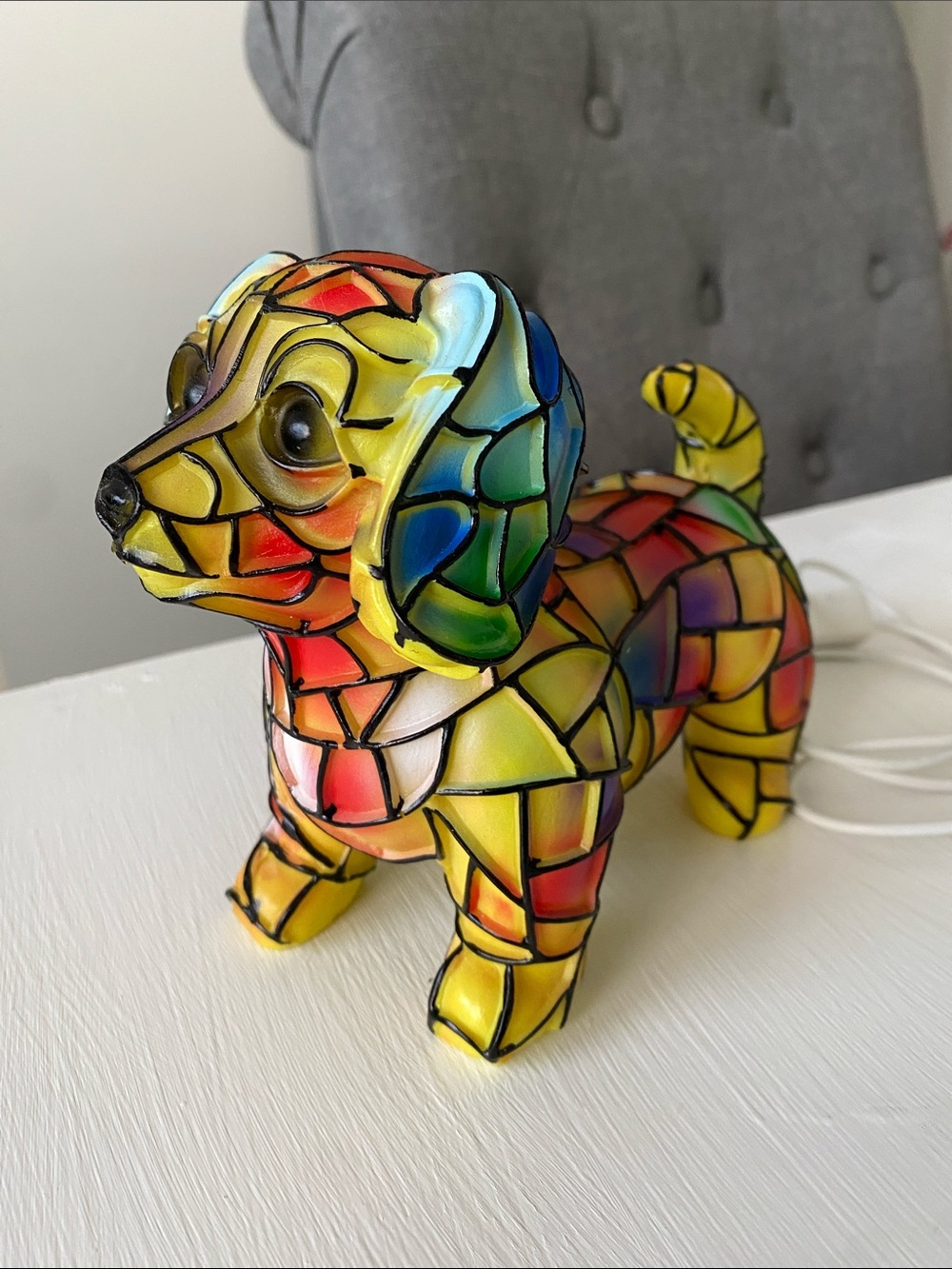 Tiffany Style Lamp Colorful Mosaic Dog Figurine LED Light, USB - Picture 6 of 11